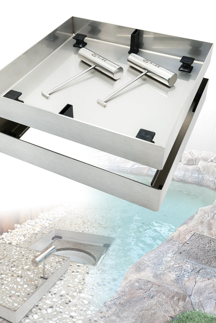 Square concrete infill cover shown with different infills in a montage