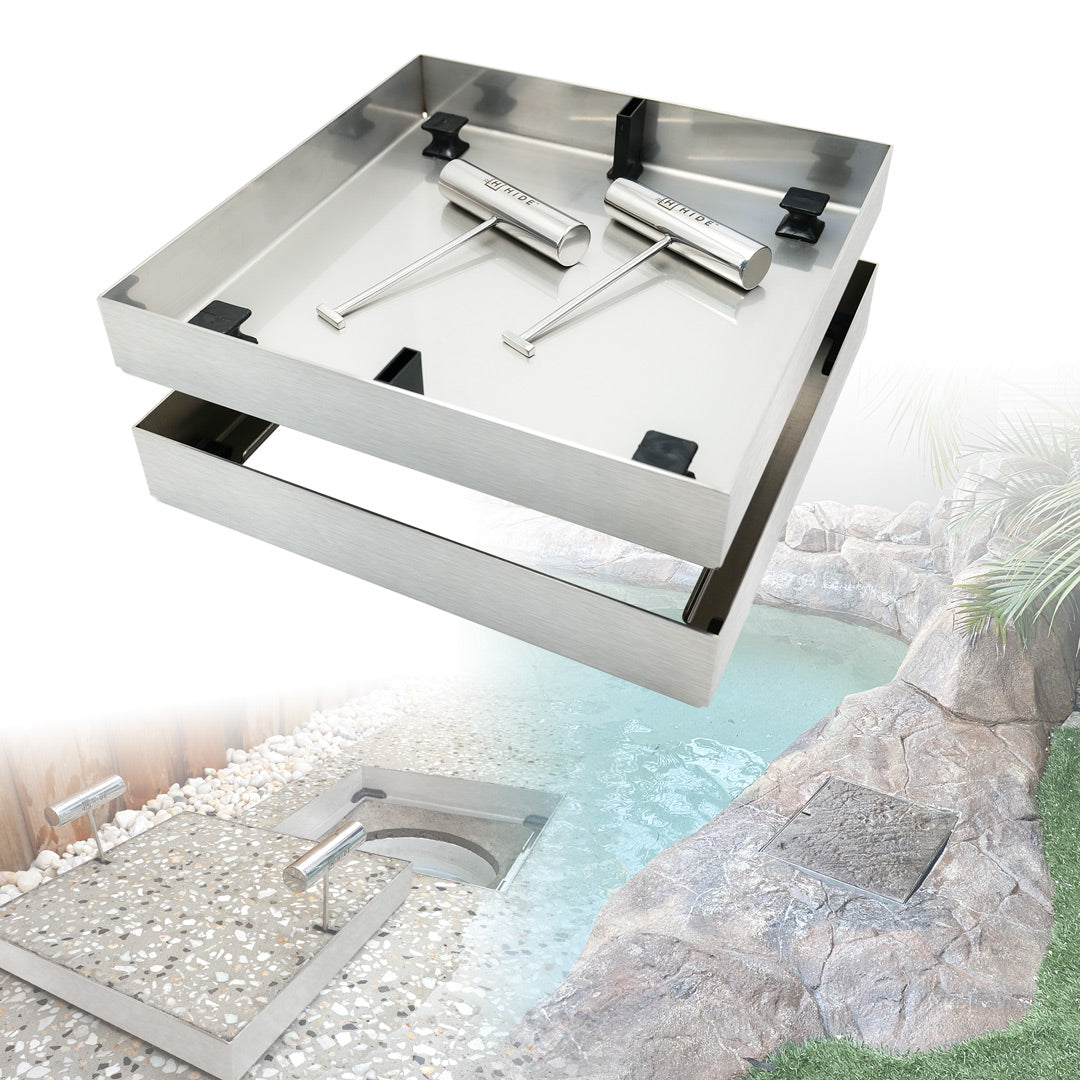 Square concrete infill cover shown with different infills in a montage