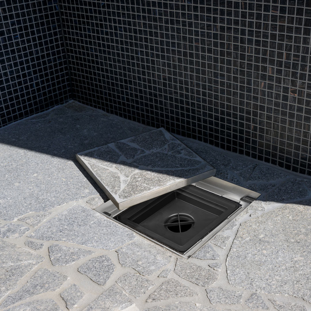 HIDE drain cover used for outdoor shower drain. Note the black Everhard flo-way shallow pit case is NOT part of HIDE drain cover kit