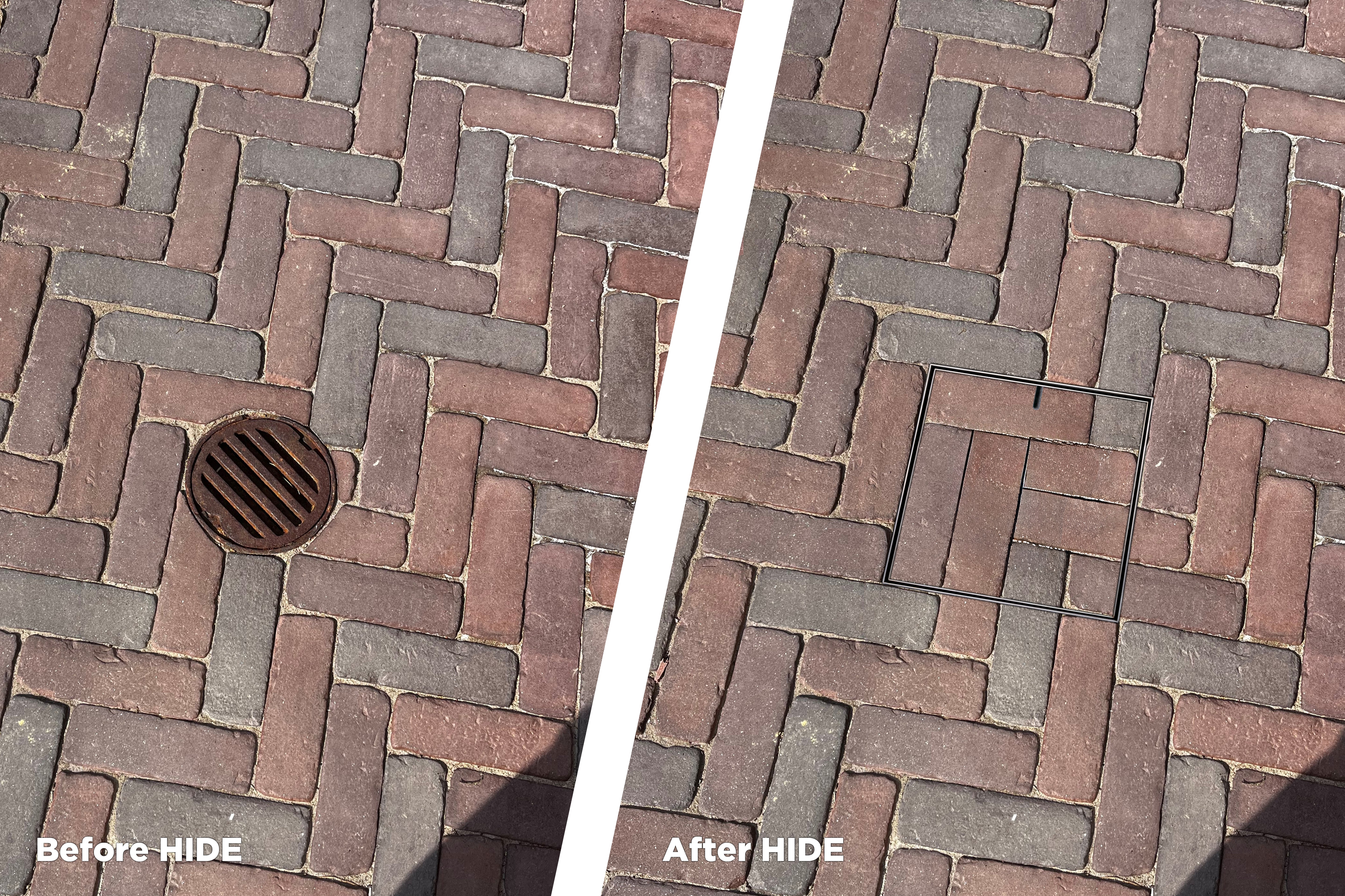 Before and After Hide Drain Cover replaced rusted drain grate