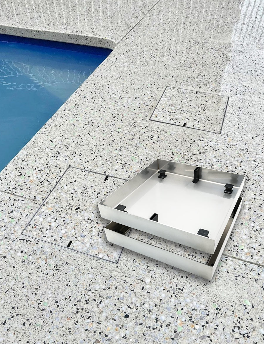 Image of two HIDE Concrete Covers installed with an image of HIDE Stainless Steel hardware over the top.