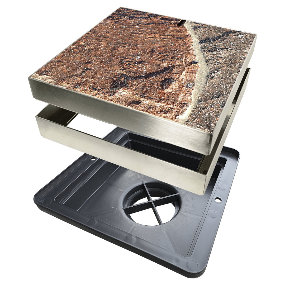 Drain pit with HIDE drain cover with crazy pave infill Everhard flo-way shallow pit case is NOT part of HIDE drain cover kit