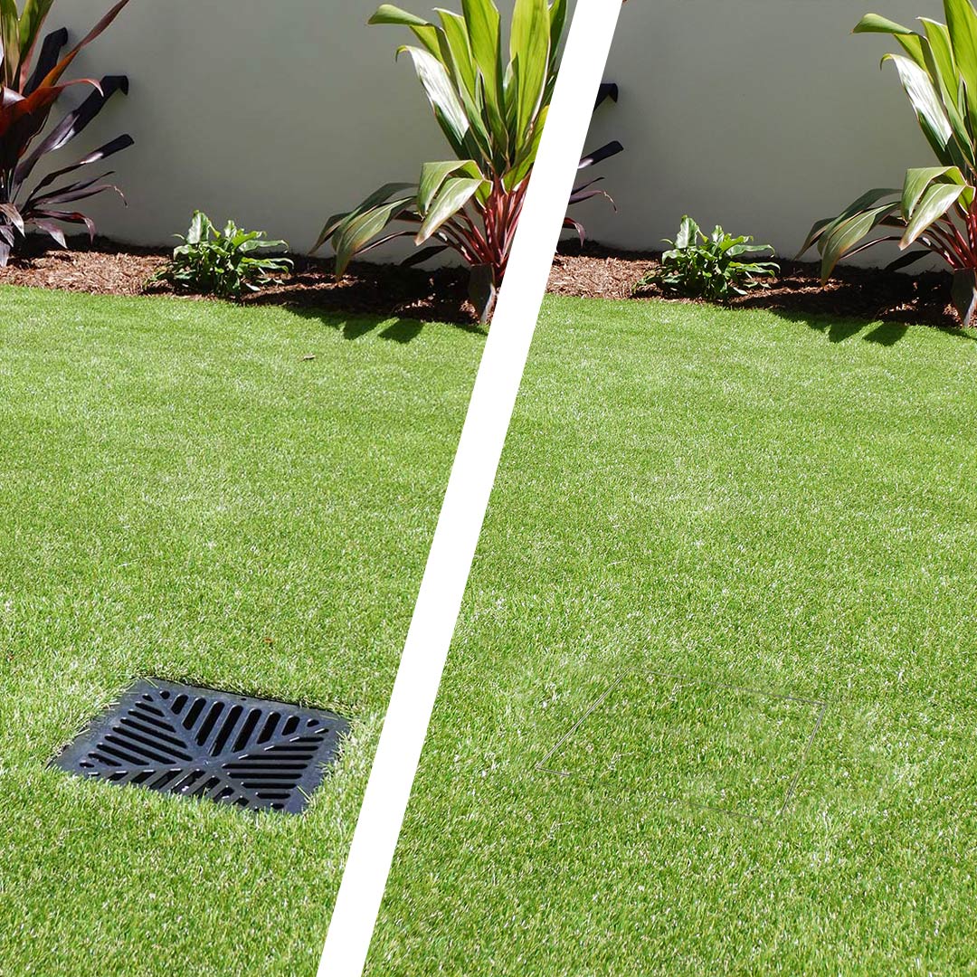 Comparison of artificial turf with exposed plastic drain grate and an after image of a HIDE Drain Cover.