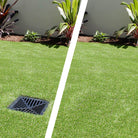 Comparison of artificial turf with exposed plastic drain grate and an after image of a HIDE Drain Cover.