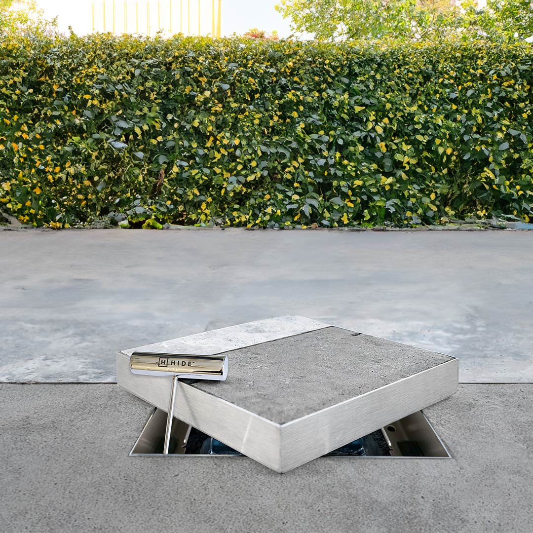 Product photo of HIDE Skimmer Cover on top of edge protector frame with safety key