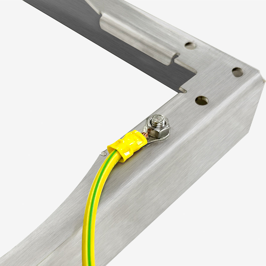 Stainless Steel HIDE frame with green and yellow earthing wire attached for earthing.